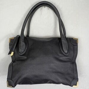 Foley + Corinna Black Pebbled Leather Tote Bag Gold Hardware Corner Accents